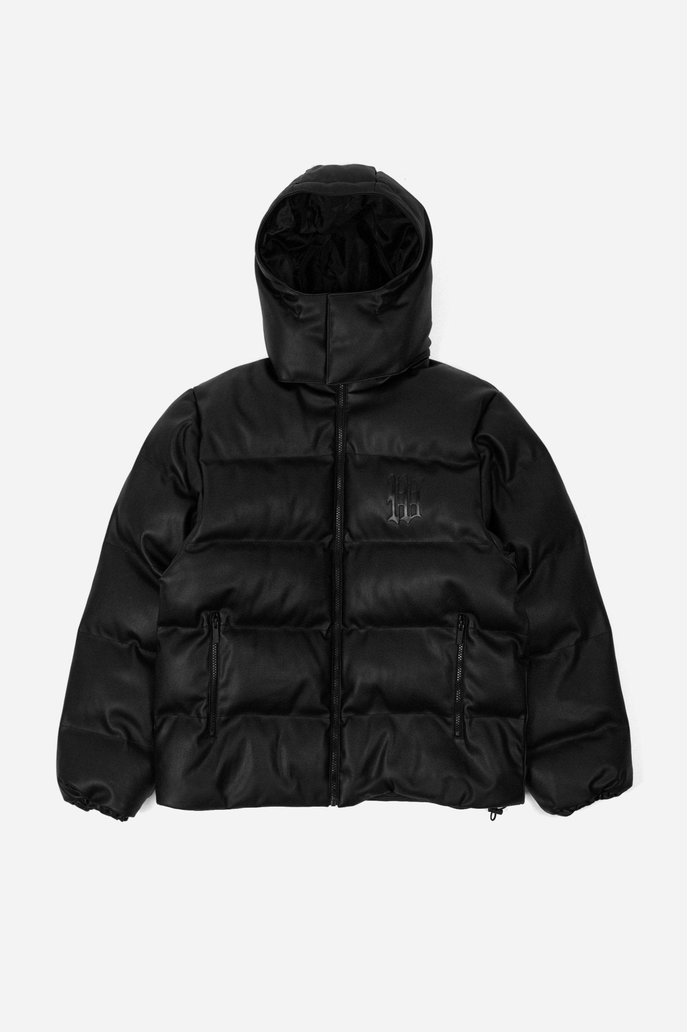 Puffer Hood Jacket Faux Leather Black