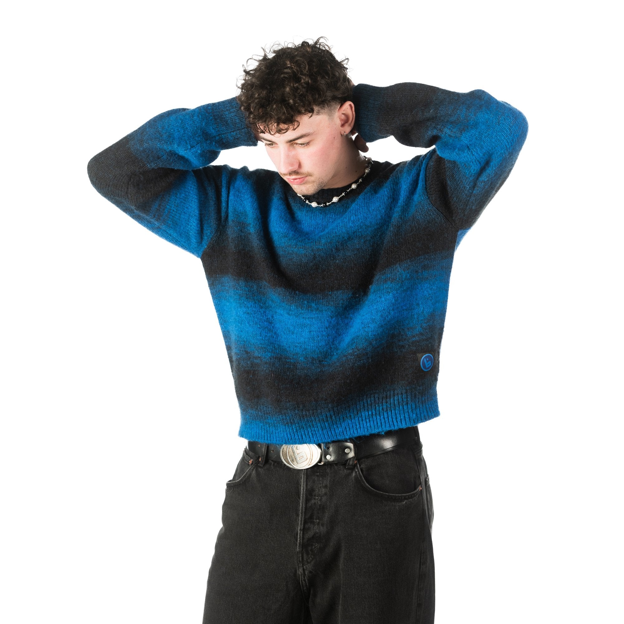 Buchan Gradient Knit Blue – worn front