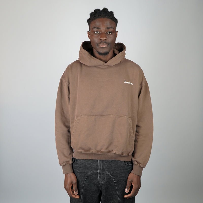The Buchan Hoodie Brown – worn front