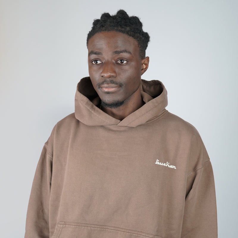 The Buchan Hoodie Brown – worn close-up